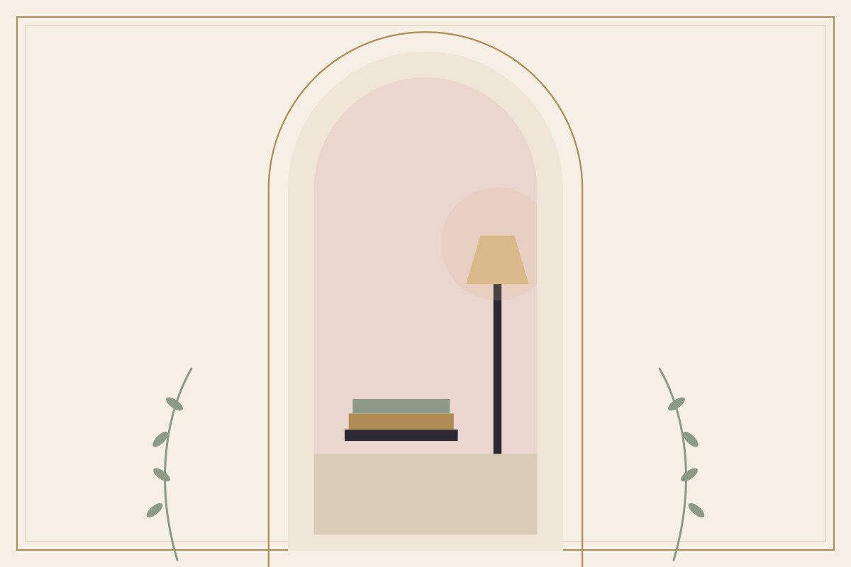 A floor lamp beside a stack of books