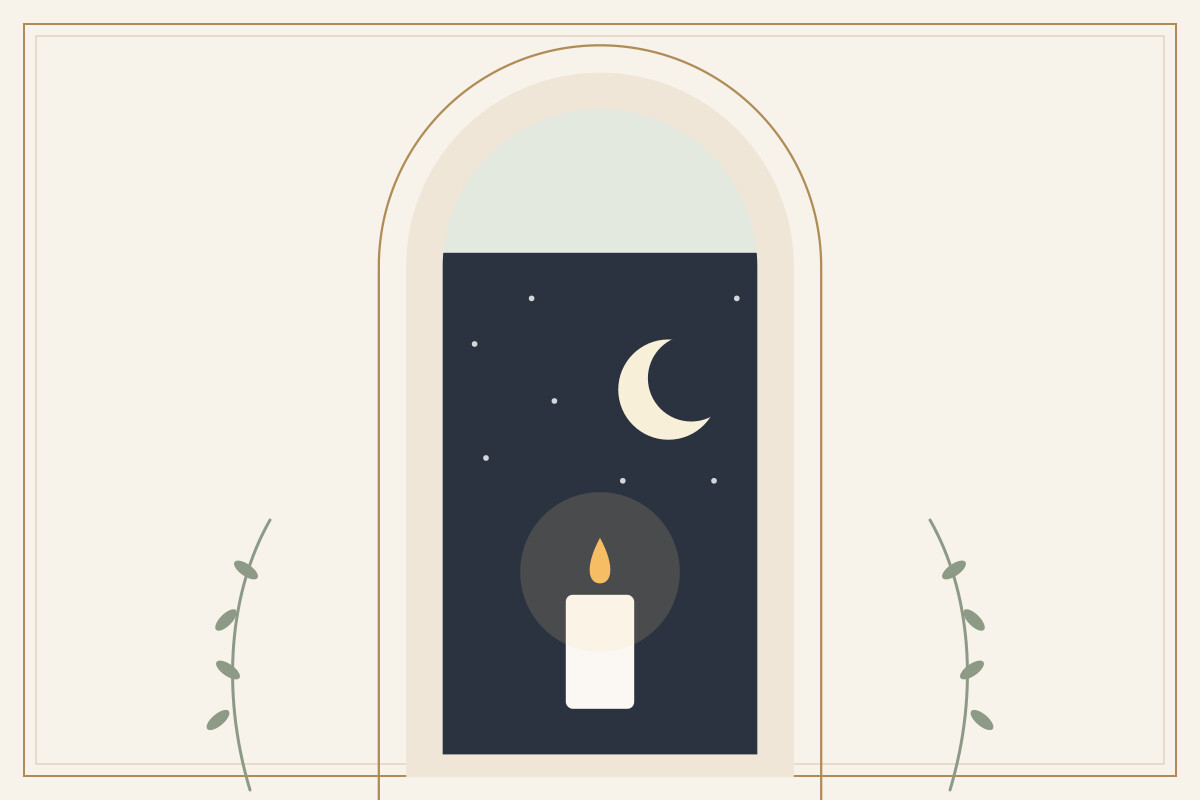 A single candle glowing beneath a crescent moon
