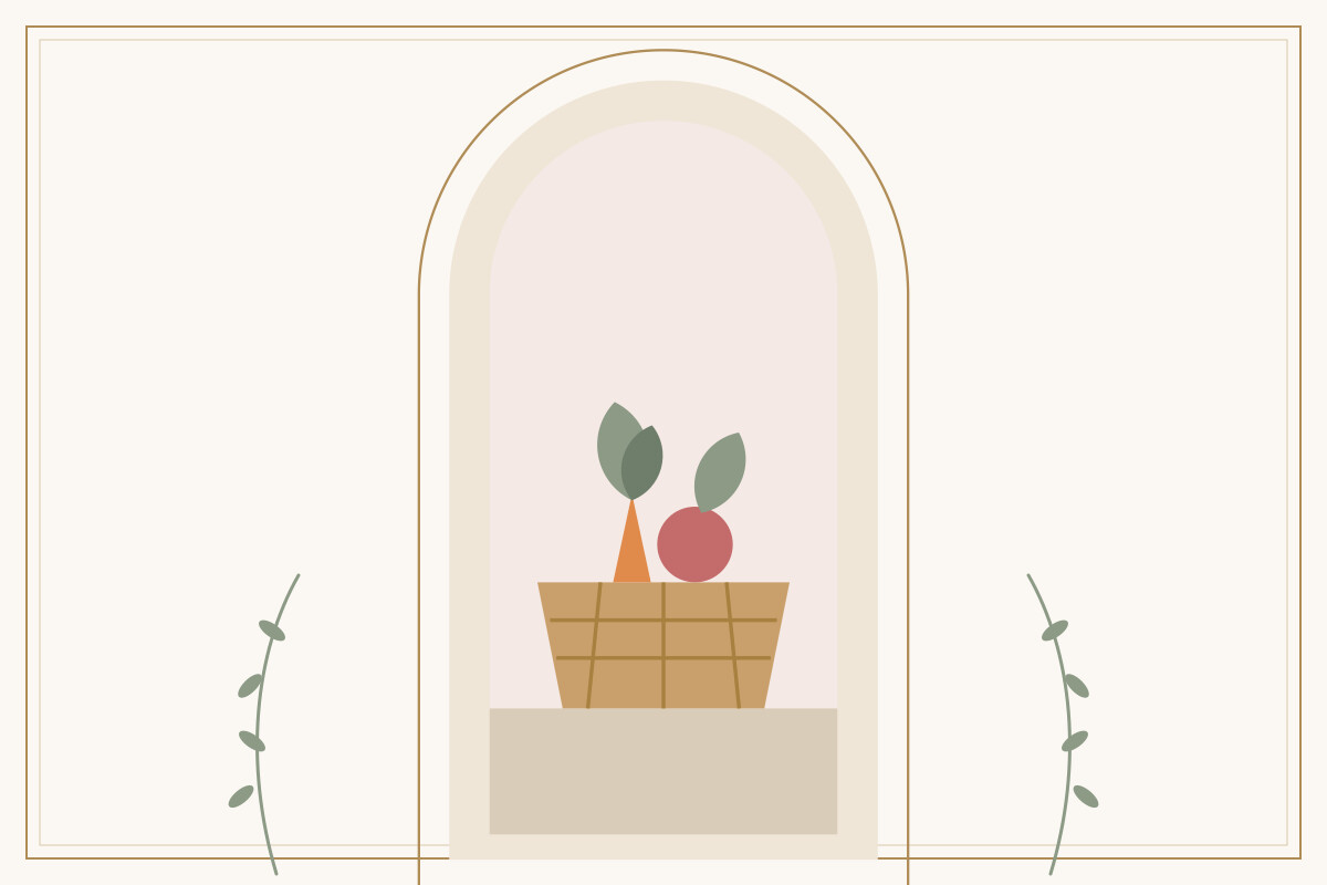 A woven basket with carrots, leaves, and a tomato
