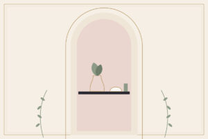 A simple shelf with a vase, a bowl, and a few objects