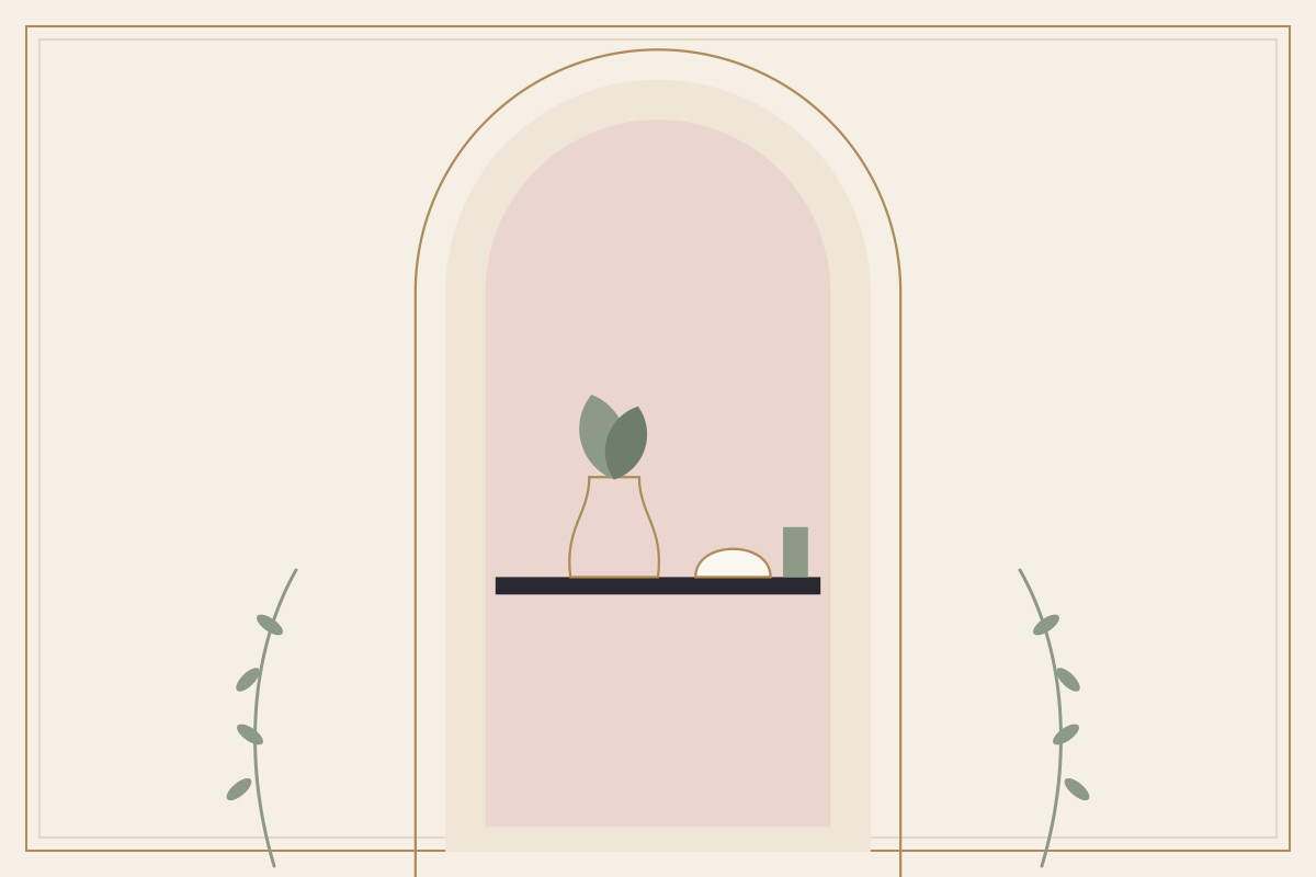 A simple shelf with a vase, a bowl, and a few objects